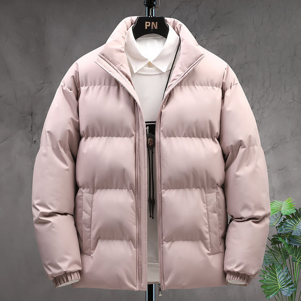 Winter Stand-collar Cotton Coat Couple Casual Warm Plus Velvet Thicken Solid Color Jacket For Men's Clothing